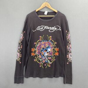 Cd10 大きいサイズ☆ Ed Hardy エドハーディ カットソー 長袖 ロンT ドクロ ラインストーン XLサイズ ブラック メンズ 紳士服