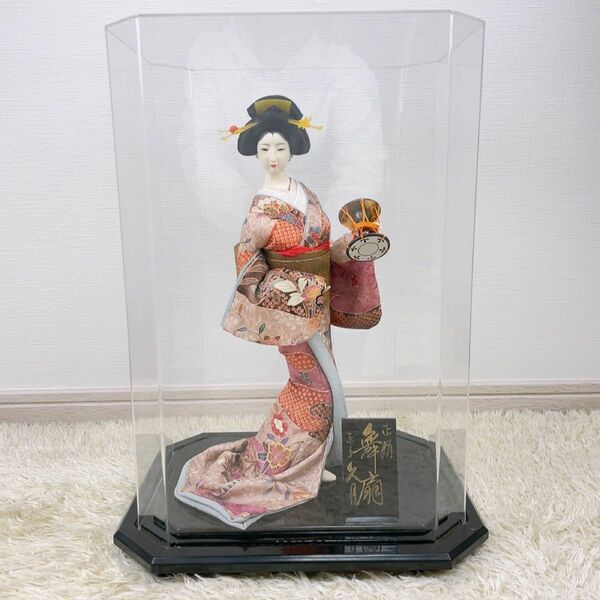 久月 日本人形 舞扇 ガラスケース入り 正絹 高級品 Japanese Doll 昭和レトロ 着物 伝統工芸 アンティーク