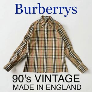 90's VINTAGE Burberrys イングランド製 ノヴァチェック総柄 レディース シャツ 長袖シャツ ブラウス 英国製 ビンテージ バーバリー 90年代