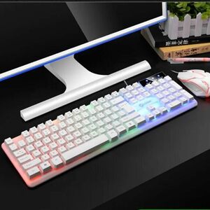 光るキーボード テンキー付き かっこいい おしゃれ 人気 PC 白色 有線 七色に光るマウス付き