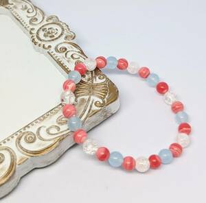 Art hand Auction Natural stone bracelet★Handmade★Love luck amulet☆Power stones (Inca rose, light blue jade, crack crystal), beadwork, beads, natural stone, semi-precious stones