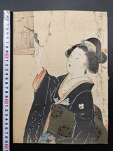 【真作】口絵 本物浮世絵木版画 尾竹竹坡「鳥遊び」美人図 明治期 大判 錦絵 保存良い 清方 年方 玉堂 桂舟 半古 広業 月耕 華邨 英朋_画像1