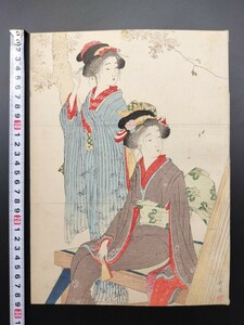 【真作】口絵 本物浮世絵木版画 尾竹竹坡「桜下美人」美人図 明治期 大判 錦絵 保存良い 清方 年方 桂舟 半古 広業 月耕 永洗 華邨 英朋