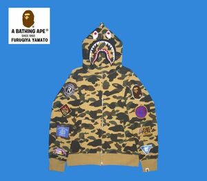 #古着屋大和 ブランド古着 出品中 即決 BAPE 1STCAMO カモフラ 迷彩 ワッペン シャーク フェイス シャークパーカー Mサイズ イエロー NIGO