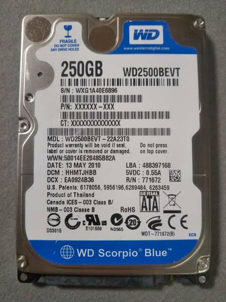 250GB Western Digital WD2500BEVT-22A23T0 2.5インチ 9.5mm SATA ①