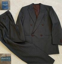 【極美品・L相当】marlane primatist 110's 高級マルラーネ生地 スーツ セットアップ ダブル 裏地ボルドー ストライプ柄 メンズ ゆったり_画像1