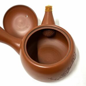 【E148】美品 常滑焼 琴松 朱泥 急須/湯呑み 茶器セット 茶托付き 陶器 焼物 在銘の画像6
