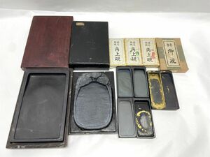 【E177】書道具 硯/角硯 7点セット まとめ売り 中古 木箱入り2点 レトロ 骨董 彫刻 すずり 色墨使用