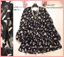 ◆新品４L~3L◆*春夏*大人フェミニン*お花柄シルエット*シアー素材*チュニック*黒xオフ白*フリル&リボン*前後2WAY*クラシカル*大きいサイズ_画像1