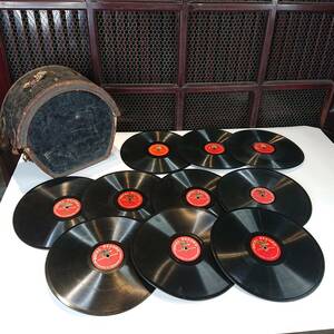 A04-0401　アンティーク SP盤 レコード 初期形 片面収録音 蓄音機用途 10枚 収納革ケース付属