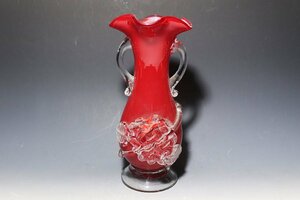 【桃】明治大正ガラス：赤被せガラス花瓶 　其の壱