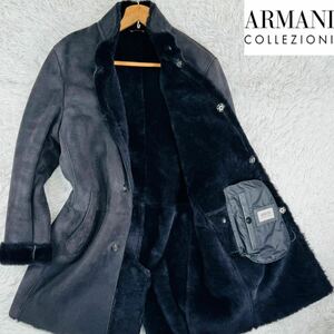 極美品【L】圧巻のパイソンデザイン!!アルマーニコレッツォーニARMANI COLLEZIONIムートンコートトロける羊革48ロング丈肉厚【至高の一着】