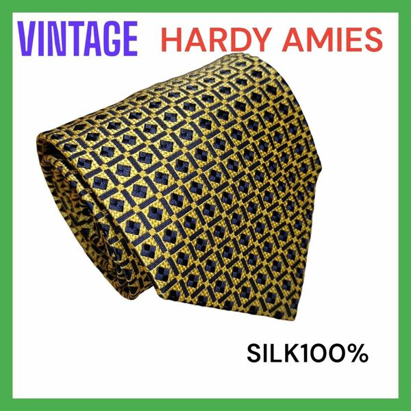 VINTAGEネクタイ HARDY AMIES ハーデイ エイミス Yellow系 ドット柄 SILK100% 025