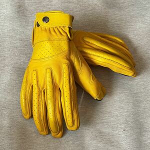 【Mサイズ　新品！　スマホ利用可能】レザーグローブ　イエロー 黄色 オフロード　ヴィンテージ　バイクグローブ メンズ/レディース 革手袋