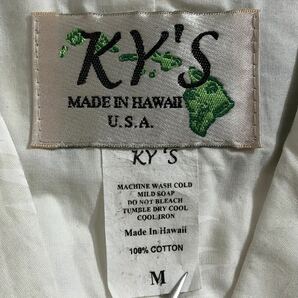 90s ヴィンテージ HAWAII製 ■ KY'S ■ ハイビスカス 総柄 プリント ボーダーパターン コットン アロハシャツ ホワイト Mの画像4