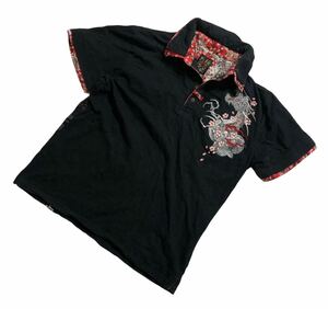 ■ 桜花爛漫 オウカランマン ■ 和柄 龍×桜 刺繍 プリント 半袖 ポロシャツ ブラック L