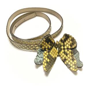 美品 高級◆CLAUDIO ORCIANI◆パイソン 蛇革 ベルト イエロー 80 オルチアーニ 蝶々 パイソンベルト 蛇革ベルト 本革 イタリア製 細ベルト