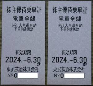 【送料無料】東武鉄道　株主優待　株主優待乗車証　2枚セット　有効期限2024年6月30日まで