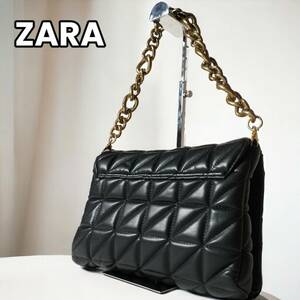 【マトラッセの高級感　大人気モデル】　ZARA　ザラ　キルティング ショルダーバッグ ゴールドチェーン 太チェーン　黒