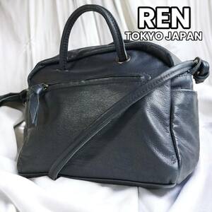 【柔らかい質感シェーブルレザー】　レン　REN TOKYO JAPAN　ハンドバッグ 2WAY ショルダーバッグ ゴートレザー やぎ革　ネイビー