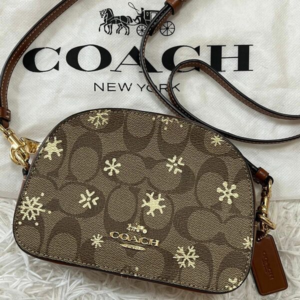 希少 極美品 未使用級 COACH コーチ エレナ ドーム型 ショルダーバッグ 斜め掛け スノー 雪 結晶 シグネチャー レザー 