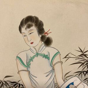 X15）肉筆 掛軸 中国 美人画 中国近現代の著名な画家書道家、張大千仕女図作品！中古保証！の画像6