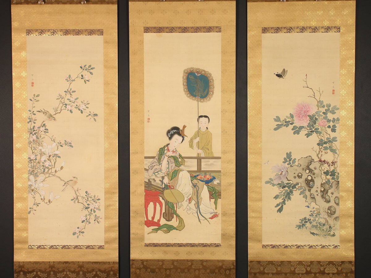 [Copy] [Inheritance] sh8881(Kaisen Oda)Three width pairs, Beautiful woman painting, Butterflies, flowers and birds, and Queen and mother of the West, double box, Southern painter, Wang Yan, Yamaguchi person, late Edo period Chinese painting, painting, Japanese painting, person, Bodhisattva