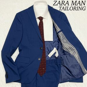 【美品】ザラマン　ZARA MAN セットアップ　スーツ　ジャケット　ネイビーブルー　チーフ付き　パーティー　ドレス　S相当