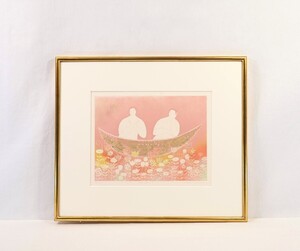 真作 梅田美代子 銅版画「花時の昼下がり」画寸 32.5cm×25cm 京都府出身 元京都造形芸術大学教授 色白で柔らか、ふくよかな女性たち 8875