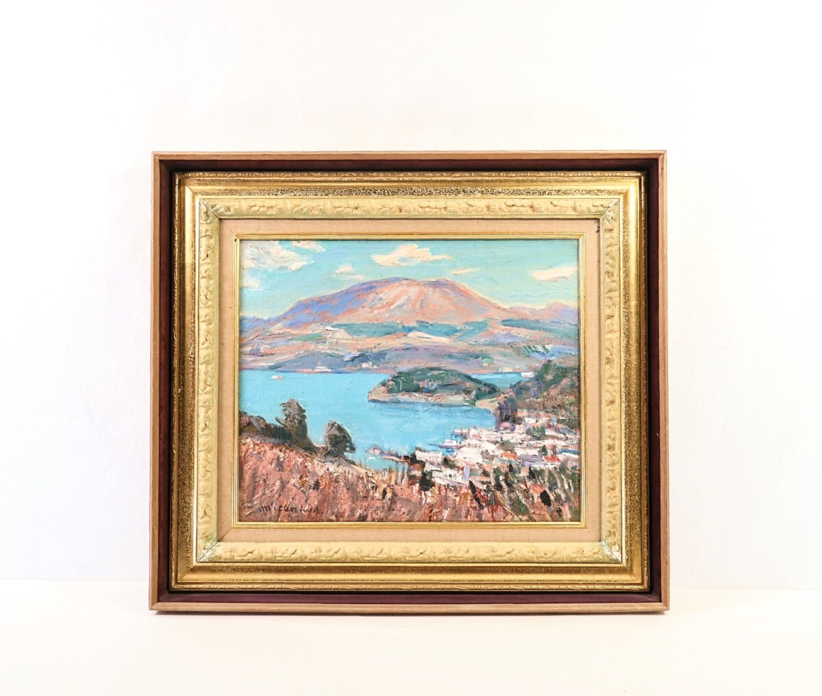 Obra genuina de Mizutani Shigenosuke Pintura al óleo Lago Ashi Tamaño: 45, 5 cm x 38 cm F8 Nacido en la prefectura de Ibaraki Miembro del comité fundador de la Asociación de Arte Shiraka Representa el lago Ashi y el paisaje urbano a lo largo del lago desde un terreno elevado 8834, Cuadro, Pintura al óleo, Naturaleza, Pintura de paisaje