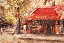 真作 新晴明 油彩「街角のカフェ」画寸 33cm×24cm F4 暖色系の独特な色彩と堅牢な画面構成でパリの通りと通り沿いのカフェを描く 8911_画像3