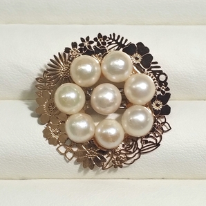 ◆照り艶綺麗 アコヤ あこや 本真珠 約6.5-7mm珠 繊細な透かし模様 フラワーサークルブローチ リング リース ドーナツ Y81の画像2