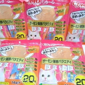 【EN-4182】1円～ キャットフード チャオ ちゅーる サーモン海鮮バラエティ まぐろ かつお節 ほたて貝柱 14g×20本入り 5個 まとめ売り ②の画像1