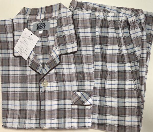 M メンズパジャマ 半袖 長パンツ 格子柄 サッカー生地 新品