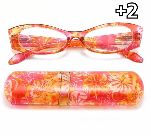 +2 老眼鏡 リーディンググラス シニアグラス 軽量 メガネ 花柄 ケース付き 新品