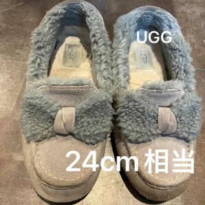 UGG アグ　 モカシン　ファー　シープスキン　リボン　24cm ボア　アンスレー　グレー