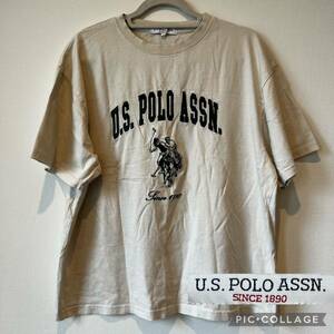 ★U■U.S.POLO ASSN. ユーエスポロアッスン メンズ 半袖 Tシャツ Lサイズ アイボリー×グリーン ビッグ刺繍ロゴ 古着 コットン 100% 