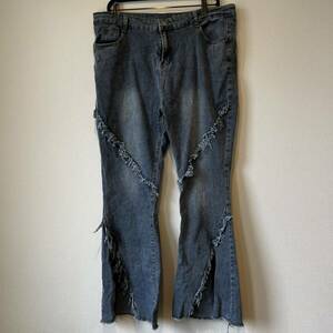 U■Jeans レディース デニムパンツ 4XLサイズ 水色 ジーンズ ジーパン ブーツカット カジュアル フリンジ 大きめ ストレッチ入り