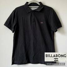 ★U■BILLABONG ビラボン メンズ 半袖 ポロシャツ Lサイズ 黒 ロゴボタン 刺繍マーク ブラック 半袖シャツ ピンク刺繍糸 夏物衣料 無地_画像1