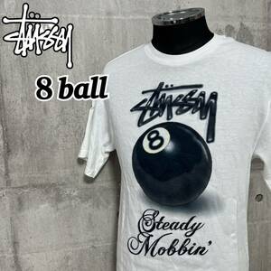 M■ Stussy Steady Mobbin 8ball ステューシー メンズ 半袖 Tシャツ ホワイト 白 Sサイズ トップス ビンテージ ボーリング柄 ストリート