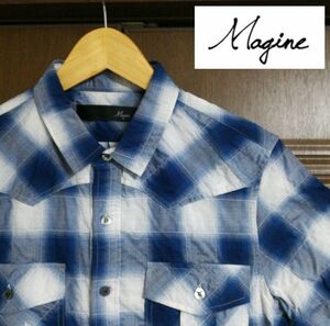 magine マージン ダブルポケット オンブレチェック 半袖 ネイビー 44 Sサイズ 日本製 メイドインジャパン