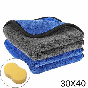 洗車タオル　マイクロファイバー　厚手　布巾　速乾　高吸水　高品質 30X40 3枚セット スポンジ付き