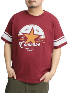 【新品】 4L ワイン コンバース(CONVERSE) 半袖 Tシャツ メンズ 大きいサイズ 袖ライン ロゴ プリント クルーネック カットソー