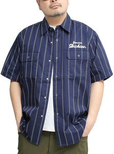 【新品】 3L ネイビー ジェニュイン ディッキーズ(GENUINE Dickies) 半袖シャツ メンズ 大きいサイズ チェック ストライプ 刺? ツイル ワー