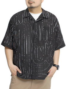 【新品】 2L ブラック×総柄 シアーシャツ メンズ 大きいサイズ ゆったり 透け感 楊柳加工 無地 総柄 オープンカラー 半袖シャツ
