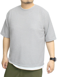 【新品】 3L ライトグレー 5分袖 Tシャツ メンズ 大きいサイズ メランジ パイル フェイクレイヤード 消臭 抗菌 クルーネック 半袖 カットソ