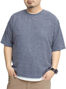 【新品】 5L ネイビー 5分袖 Tシャツ メンズ 大きいサイズ メランジ パイル フェイクレイヤード 消臭 抗菌 クルーネック 半袖 カットソー