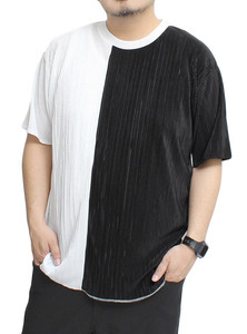 【新品】 5L ホワイト×ブラック 半袖 Tシャツ メンズ 大きいサイズ プリーツ ストライプ 無地 切替 クルーネック カットソー