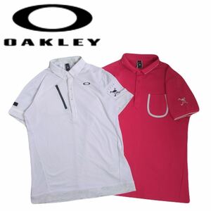 極美品 最高級 豪華刺繍2点 OAKLEY 吸水速乾 ストレッチ 総柄 スカルロゴ 半袖ポロシャツ メンズL オークリー ゴルフウェア 2404150