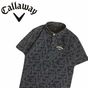 新品同様 インディゴ callaway 吸水速乾 ストレッチ ヤシの木 サーファー 総柄 半袖ポロシャツ メンズM キャロウェイ ゴルフウェア 2404231